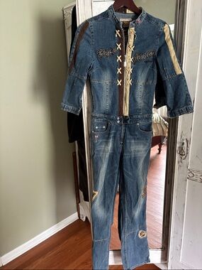 Pepe Jeans Blue Denim Jumpsuit with Tan & Brown Trim